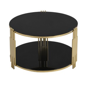 Vynxaria Series 31.5 in. Black Round Tempered Glass End Table with Asymmetrical Metal Design and Lower Shelf - 1 of 4