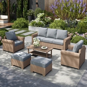 Captiva Designs 6 Piece Luxury Wicker Patio Conversation Sofa Set with Curved Armrests with Cushions - 1 of 4