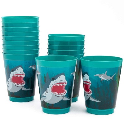 Blue Panda 16 Packs Plastic 16 oz Party Cups Shark Theme Reusable Tumblers for Boys Kids Birthday, Blue