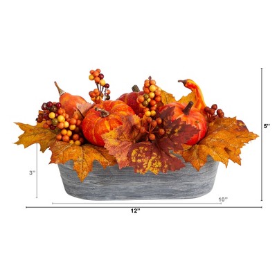 Rustic Fall Pumpkin and Berries Arrangement in Washed Wood Vase