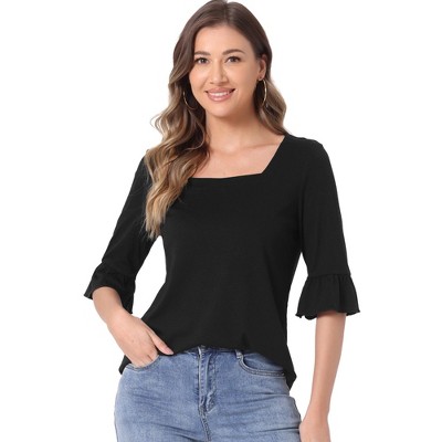 INSPIRE CHIC Women's Summer Dressy 3/4 Bell Sleeve Casual Square Neck Blouse