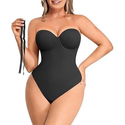 SHAPELLX Shapewear Bodysuit for Women Tummy Control Strapless Body Suit Faja Body Shaper Thong—Black 38