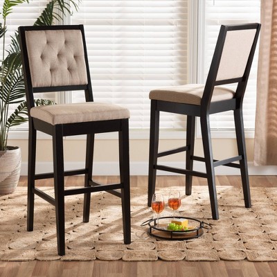 Elegant Sand Fabric & Dark Brown Wood Barstool Set, 2-Piece