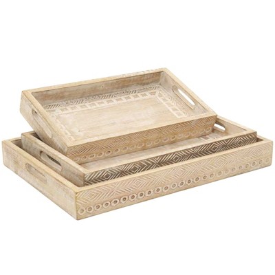 HomeRoots Set of Three White Rectangular Solid Wood Handmade Serving Tray With Handles