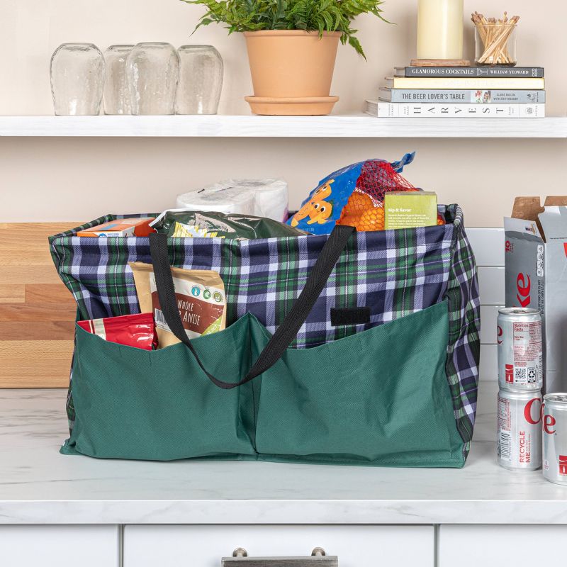 Household Essentials Plaid Water-Resistant Vinyl Lining Large Capacity Plaid Utility Rectangular Krush Tote with Handles with Green Pockets, 2 of 10