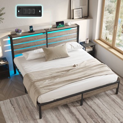 Greenstell King Size Bed Frame with Headboard, Metal Platform Bed Frame with LED Lights & Charging Station, Under Bed Storage, Solid and Stable, Grey