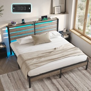 Greenstell King Size Bed Frame with Headboard, Metal Platform Bed Frame with LED Lights & Charging Station, Under Bed Storage, Solid and Stable, Grey - 1 of 4
