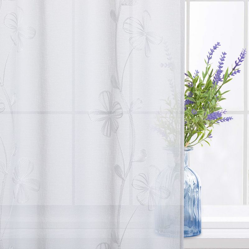 Floral Embroidered Voile Sheer Short Kitchen Curtains for Small Windows Bathroom, 5 of 6