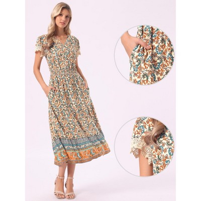 Женские платья INSPIRE CHIC Women's Boho V Neck Cap Sleeve Smocked Floral Tiered Flowy Maxi Dresses Medium Beige — фото 2