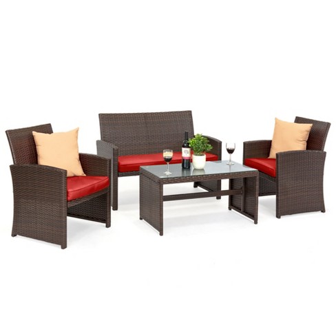 Best Choice Products 4 Piece Outdoor Wicker Patio Conversation Furniture Set w Coffee Table Cushions Brown Red