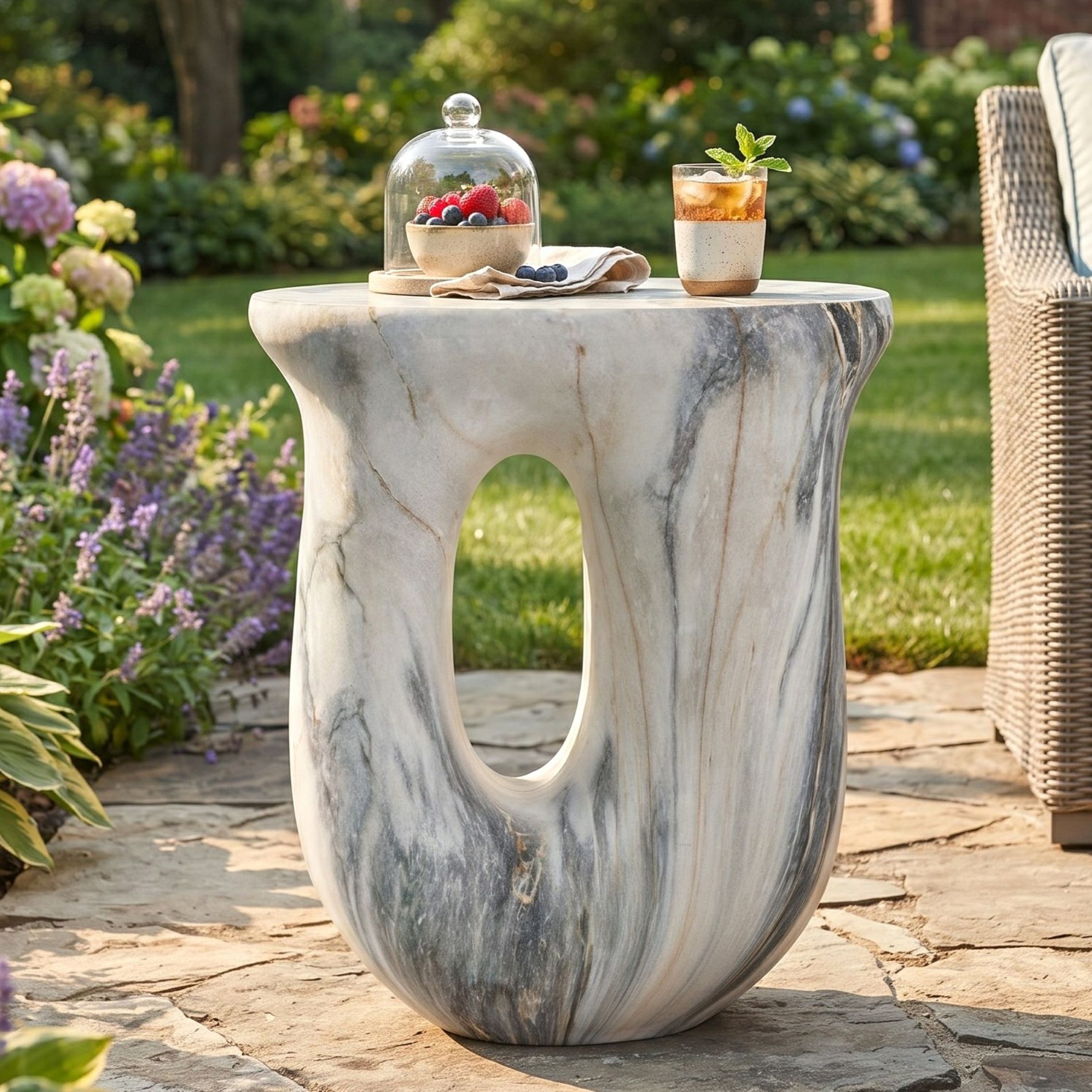 Christopher Knight Home Kabir Modern U-Shaped Lightweight Concrete Patio Side Table with Unique Veining, Blue