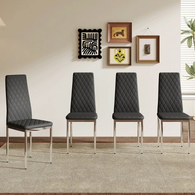 Set of 4 PU Leather Dining Chairs with Diamond-Patterned Backrest, Comfortable Padded Seat, and Sturdy Metal Legs for Dining Room-Coolbibila