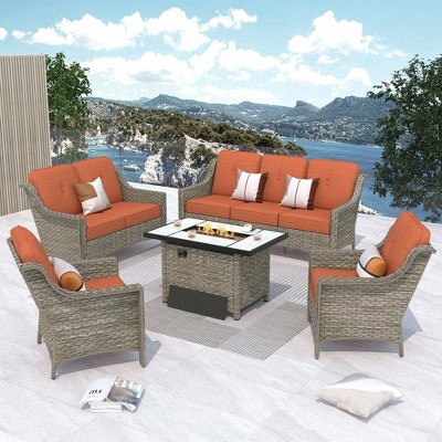 XIZZI 5 Pieces Furniture Set with Fire Pit Table, All Weather PE Conversation Set with 3 Seater Sofa, Loveseat and High Back Rattan Chairs