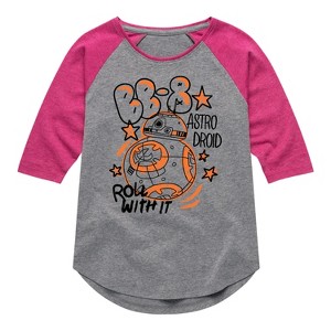 Girls' Star Wars: The Force Awakens BB8 Shirt Tail Raglan Graphic T-shirt - Athletic Heather/Fuchsia - Large - 1 of 3