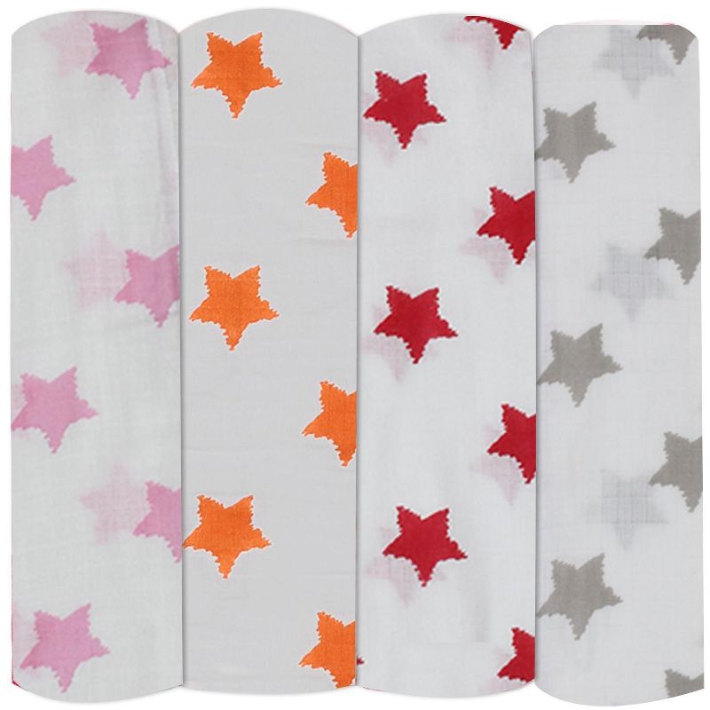 Bacati - Stars Girls Swaddling Muslin Blankets of 4 (Pink, Orange,Red,Gray), 4 of 6