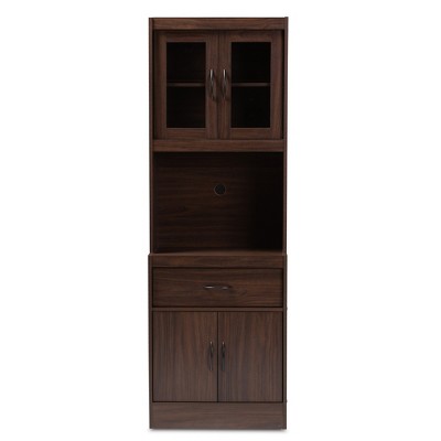 Laurana Dark Walnut Tall Kitchen Hutch Cabinet with Glass Doors