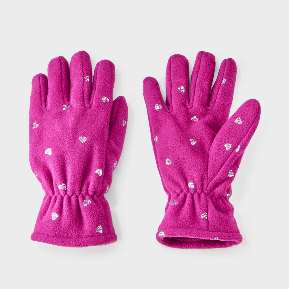 Girls' Fleece Heart Print Regular Gloves - Cat & Jack™ Magenta 8-16