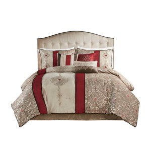 TopComfy Bedding Sets Cal King 7 Piece Jacquard Comforter Set With Throw Pillows Textured Jacquard Soft For Bedroom, Red, 18.9"*13.39"*13.39" - 1 of 4