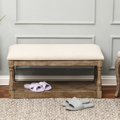 Beige Linen Upholstered Bench with Storage Shelf
