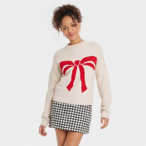 Women s Holiday Crewneck Pullover Sweater A New Day Oatmeal Bow M Target