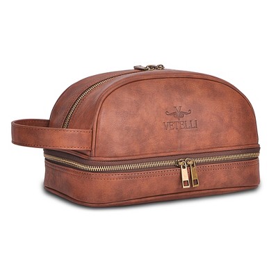 Vetell Classic Leather Men's Travel Toiletry Bag and Dopp Kit with Upper and Lower Zippered Compartments, 2 Mesh Bottle Pouches and Carrying Handle