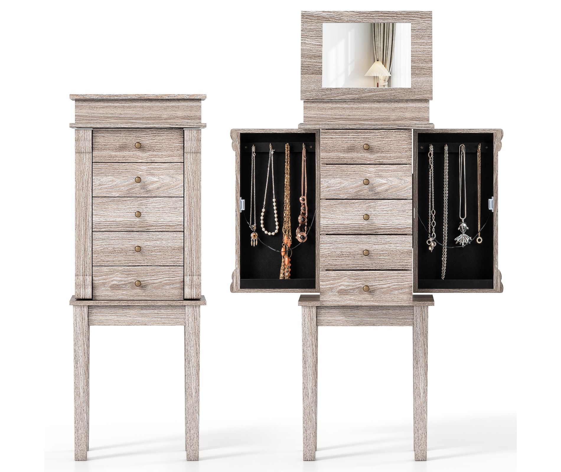 Costway Jewelry Cabinet Armoire Storage Box Chest Standing Organizer w/ Mirror & Swing Doors
