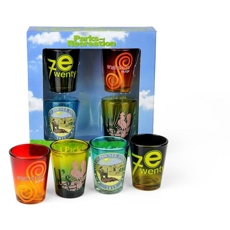 Surreal Entertainment Parks and Recreation Location Logos 4 Piece Shot Glass Set, 1 of 7