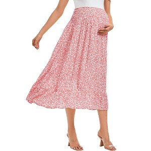 Coolmee Women's Maternity Boho Maxi Skirt Floral Smocked Elastic High Waist Pleated A-Line Ruffle Flowy Long Skirts - 1 of 2