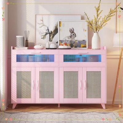 Sideboard Buffet Cabinet 48" With Power Outlet & LED Light, Kitchen Storage Cabinet With 4 Rattan Doors 2