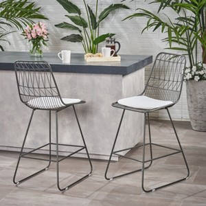Okak Outdoor Counter Height Bar Stools with Water Resistant Cushions Set of 2, Woven Wire Metal Bar Stools, Modern Accent Chairs - 1 of 4