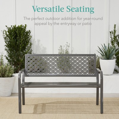 Gray Steel 2-Person Outdoor Garden Bench with Geometric Backrest