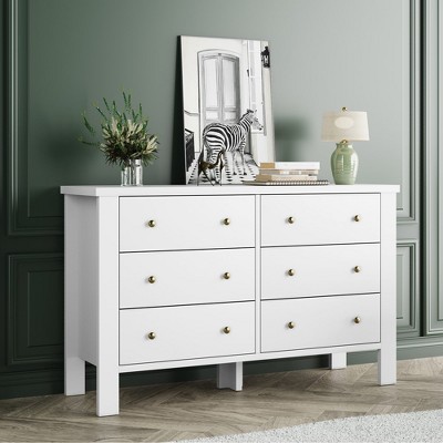 Garvee Dresser for Bedroom with 6 Drawers, Wood Drawer Dresser with Metal Handle, Chest of Drawers for Bedroom, Living Room, Hallway, White