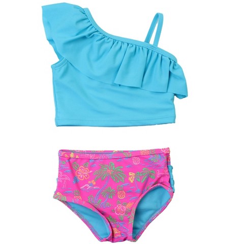 RuffleButts Girls One Shoulder Ruffle Tankini - Neon Island Time, 5