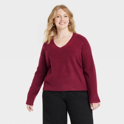 Women's Cozy Knit V-neck Pullover Sweater - Universal Thread™ Maroon 4x ...