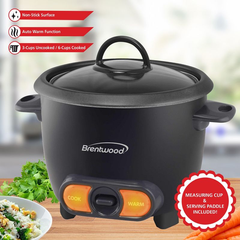Brentwood 3 Cup Uncooked/6 Cup Cooked Non Stick Rice Cooker in Black, 5 of 6