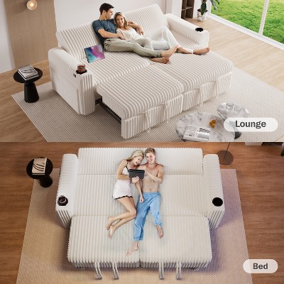 91" Sectional Sleeper Sofa: Pull-out bed, oversized loveseat with reclining backrest, USB ports, cup holders. Tool-free assembly