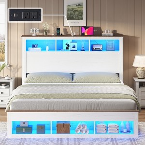 AMERLIFE Bed Frame with Bookcase Storage Headboard, LED Light and Charging Station - 1 of 3