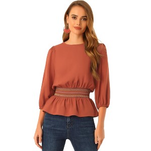 INSPIRE CHIC Women's 3/4 Sleeve Round Neck Smocked Waist Peplum Blouse - 1 of 4