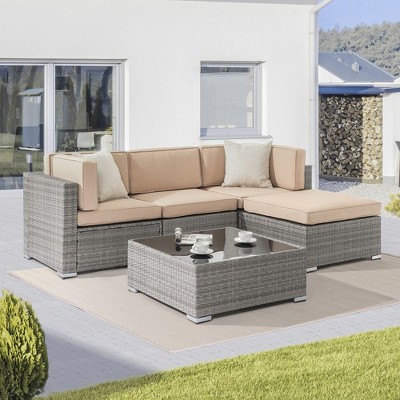 Sonkuki 5-piece Patio Conversation Sets, Gray Rattan Sectional Sofa Set ...