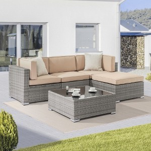Sonkuki 5-Piece Patio Conversation Sets, Brown Ratten Sectional Sofa Set with Cushion - 1 of 4