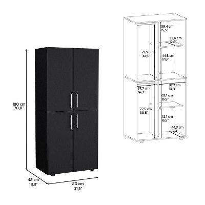 White Four-Door Particleboard Wardrobe with Shelves and Hanging Rods