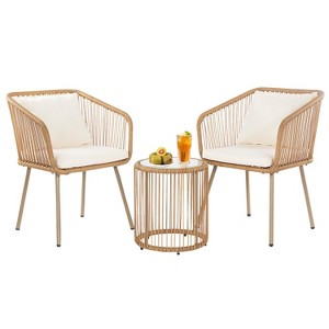 BestMassage 3-Piece Outdoor PE Rattan Bistro Furniture Set with Glass Coffee Table Top 2 Chairs, White - 1 of 4