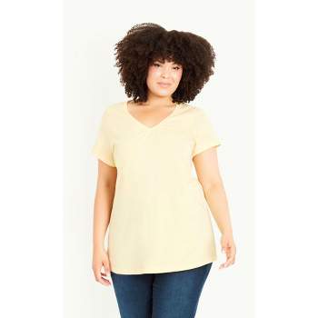 Women's Plus Size Gathered V Neck Cotton Top - yellow | EVANS