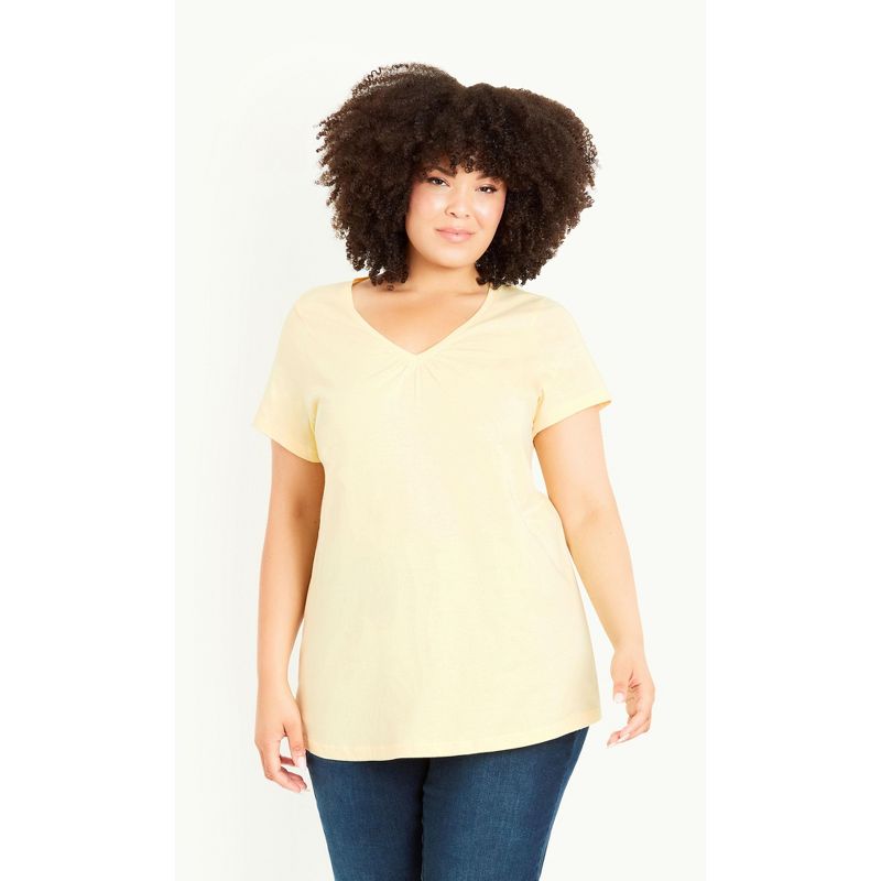 Women's Plus Size Gathered V Neck Cotton Top - yellow | EVANS, 1 of 4