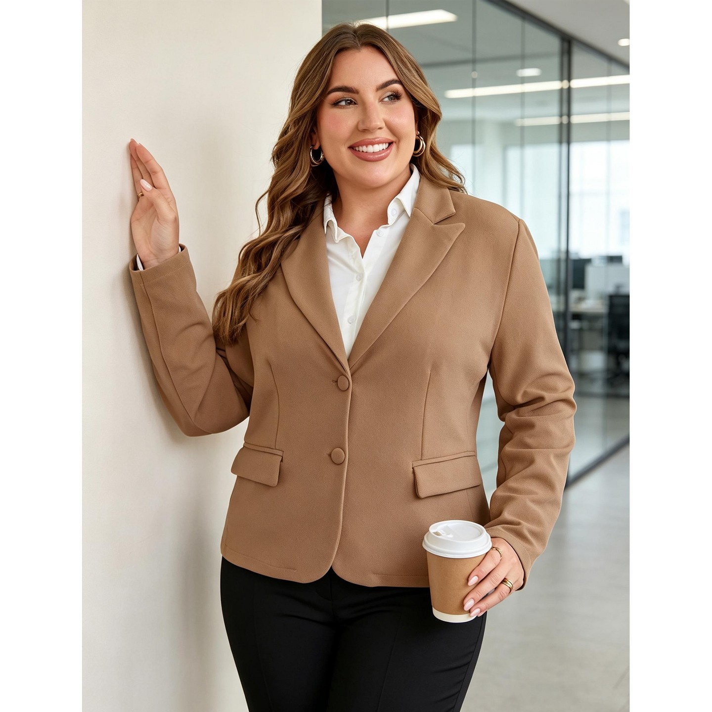 Женский пиджак YesFashion Plus Size Short Blazer with Pocket, Lapel Two Button Long Sleeve Casual Suit Jacket, Office Business Relaxed Outerwear Khaki, цвет: Хаки — фото 3
