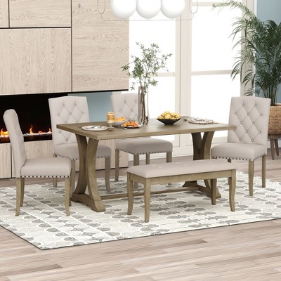 NicBex Dining Room Table Set for 6 Rustic Kitchen Table with MDF Tabletop, 4 Upholstered Chairs and 1 Bench for Kitchen