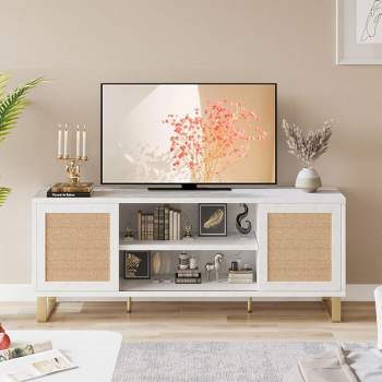 Trinity Rattan TV Stand for 65 Inch TV, White Entertainment Center Modern TV Console Table for Living Bedroom