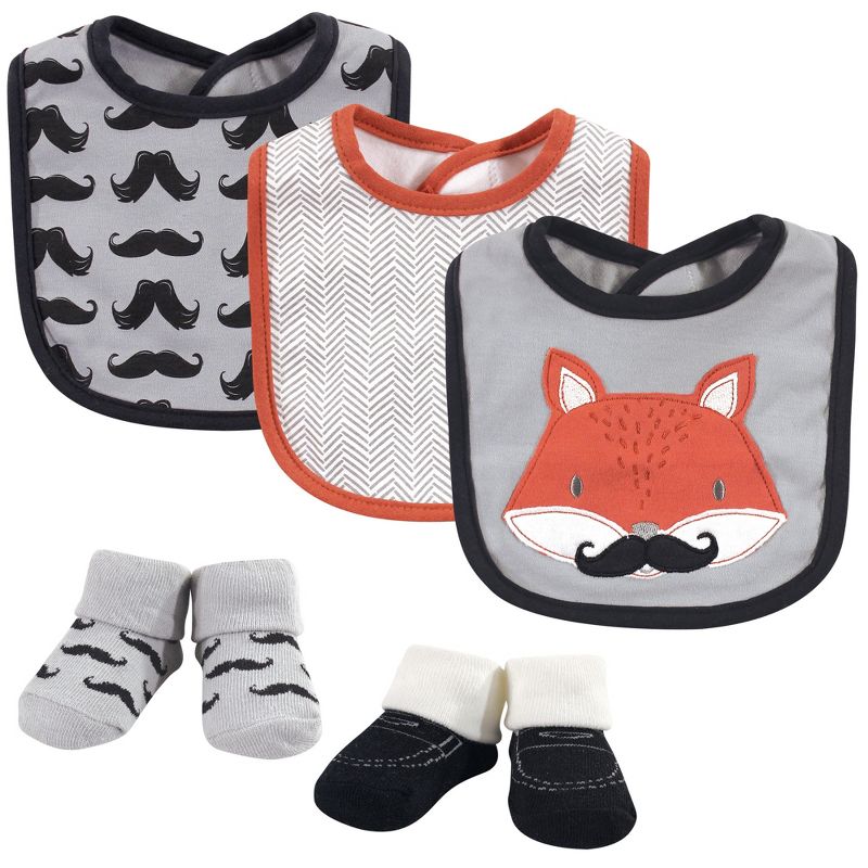 Hudson Baby Infant Boy Cotton Bib and Sock Set 5pk, Mr Fox, One Size, 1 of 8