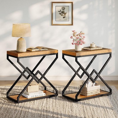 Tribesigns End Table, Wooden Side Table with Storage and X-Shaped Metal Frame, Small Narrow Bedside Accent Table for Bedroom, Brown & Black