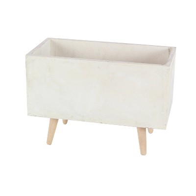 White Fiber Clay Rectangular Planters with Wood Legs, Set of 2